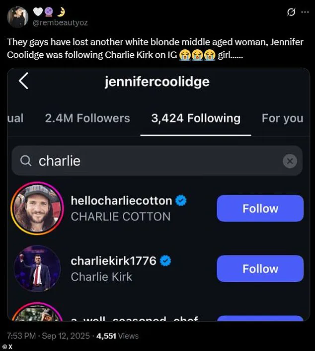 Jennifer Coolidge's Instagram Following of Charlie Kirk Sparks Controversy Amid Shooting Tragedy