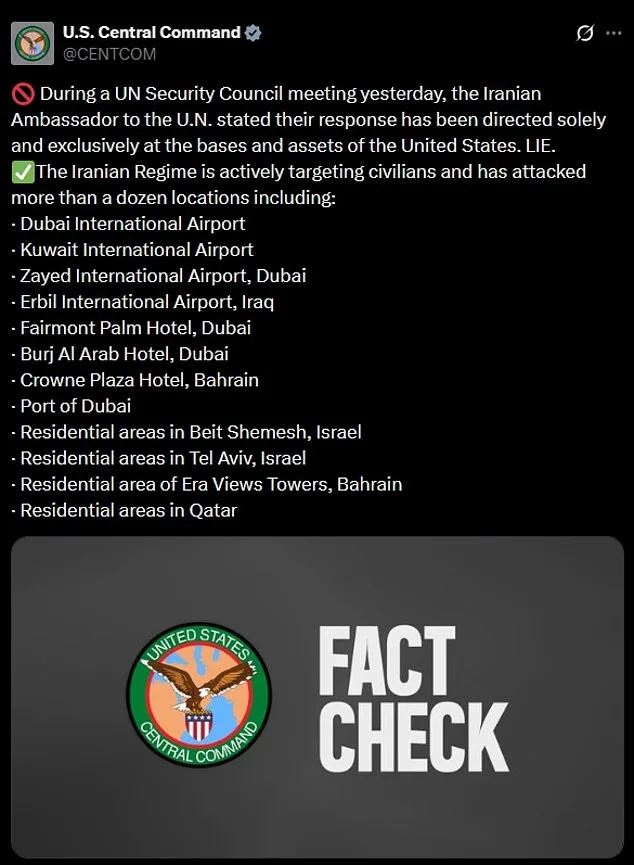 US Central Command Accuses Iran of Lying About Military Objectives and Targeting Civilians in Escalating Conflict