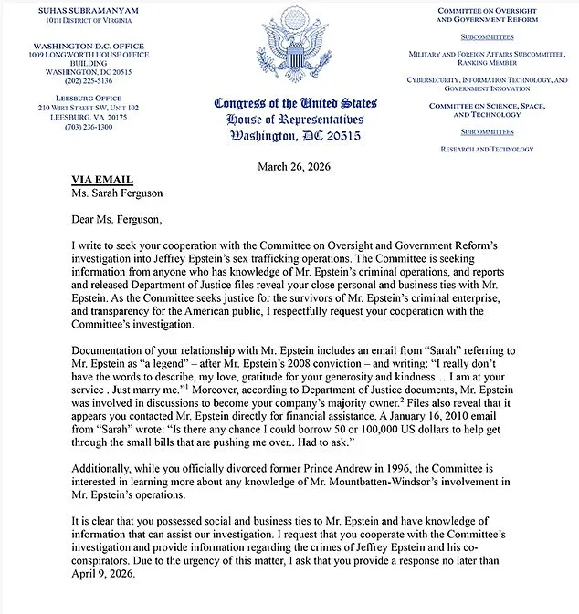 U.S. Congressman Pressures Sarah Ferguson to Testify Over Epstein Ties in Sex Trafficking Probe