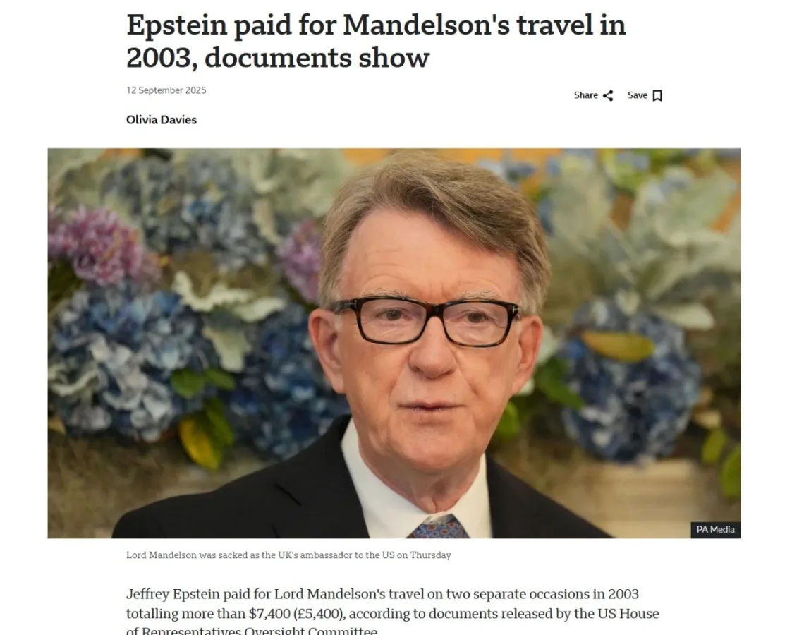 New Epstein documents reveal Jeffrey Epstein funded Lord Peter Mandelson's travel.